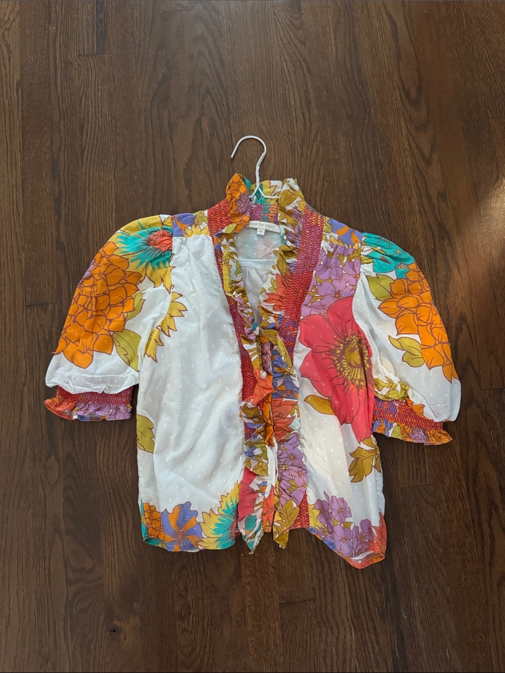 Love the Label White Floral Puff-Sleeve Blouse with Ruffle Trim